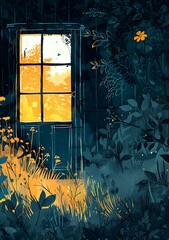 Wall Mural - The Window with Light Behind a Dark Green Forest