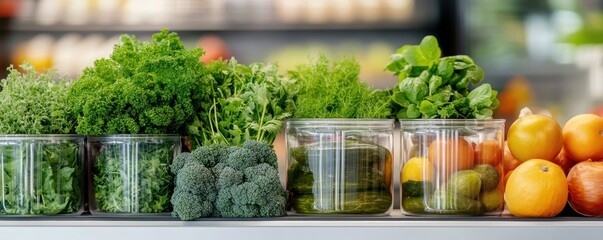 Fresh and vibrant vegetables display in jars, showcasing healthy eating options in a market setting.