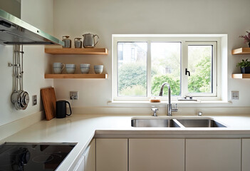 Modern Minimalist White Kitchen Design with Open Shelving and Garden View