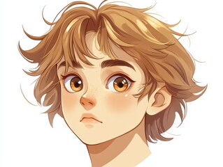 Enchanting Anime Boy Portrait with Light-Colored Wavy Hair and Expressive Eyes on White Background