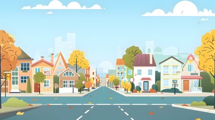 Sticker - Autumn Street View with Colorful Houses