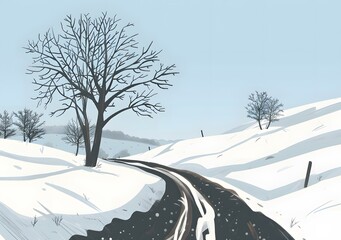 Sticker - Snowy Landscape with a Winding Road and Bare Trees