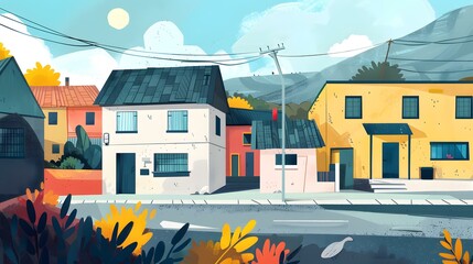 Wall Mural - Illustrated Colorful Houses With A Blue Sky