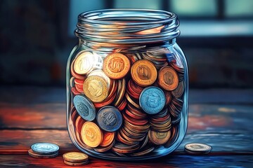 Wall Mural - Jar filled with coins illustrates the beauty of saving, reflecting financial commitment and future aspirations. Perfect for promoting budgeting tips or encouraging smart financial habits.