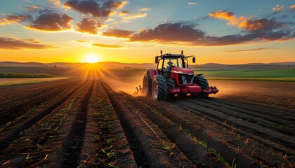 Sunset over a rural landscape as a tractor plows a field, capturing the essence of agriculture and farming in harmony with nature.