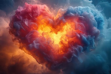 Wall Mural - vibrant multicolored heart composed of swirling clouds against ethereal sky background dreamy romantic atmosphere with soft diffused lighting abstract representation of love and emotion