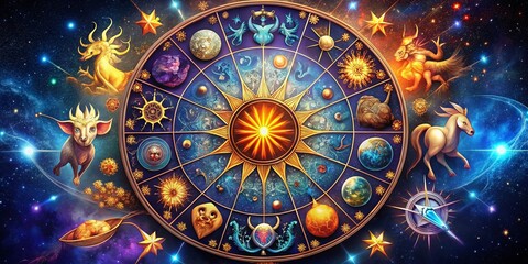 a stylized illustration of the twelve zodiac signs, set against a starry night sky, with colorful sy