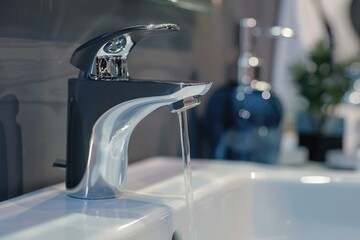 Wall Mural - A close-up view of a bathroom sink with water flowing out of the faucet