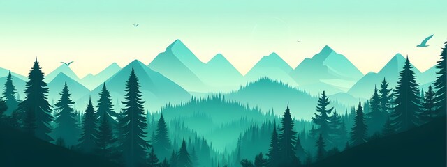 Wall Mural - Vector illustration of a forest landscape with mountains at sunrise, featuring a flat design with simple shapes and flat colors