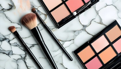 Glamorous makeup setup with brushes and eyeshadow palette on elegant marble background