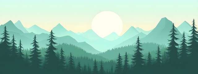 Wall Mural - Vector illustration of a forest landscape with mountains at sunrise, featuring a flat design with simple shapes and flat colors