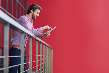 Aufkleber - Business, balcony and man with tablet, internet and network with connection, social media or online reading. Person, consultant or entrepreneur in office, technology or digital app for news or typing