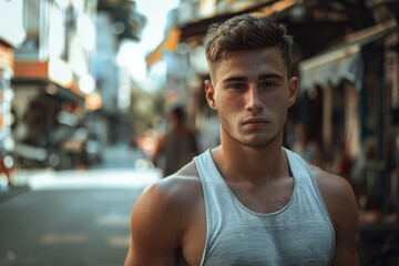 Wall Mural - A man with a beard and a white tank top is standing on a street