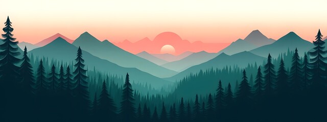 Wall Mural - Vector illustration of a forest landscape with mountains at sunrise, featuring a flat design with simple shapes and flat colors