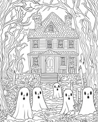 Halloween Coloring Page: Spooky and Fun Haunted House with Bats and Ghosts - Clean Line Art for All Ages - Black and white - Printable pages 