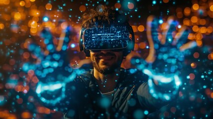 Aufkleber - A man experiences virtual reality with a headset, surrounded by vibrant lights and digital effects, showcasing immersive technology.