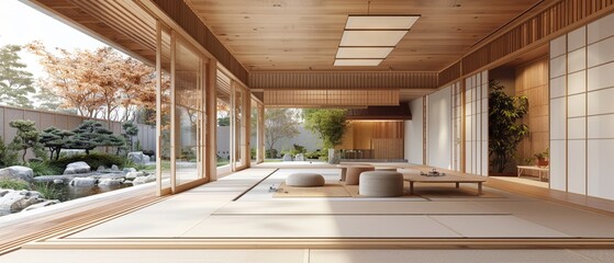 Aufkleber - A serene interior showcasing modern Japanese design with wooden elements, large windows, and a peaceful garden view.