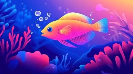 A vibrant, colorful fish swims through a coral reef.