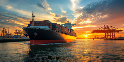 A massive cargo ship sails through a bustling harbor at sunset, bathed in golden light, representing global trade.