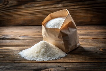 A white paper bag filled with refined white granulated sugar, neatly folded and creased, sits isolated on a