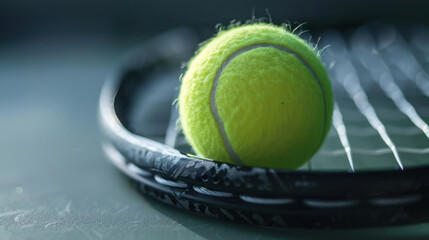 Macro detail of a yellow tennis ball with racket․