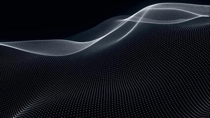 Poster - Futuristic point wave of particles. Visualization of sound waves. Technology or science banner. Abstract black and white digital 3D wave. Vector illustration.
