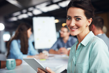 Poster - Smile, portrait and woman in meeting with tablet, research or connectivity for team workshop in office. Happy, face and business people in conference room for creative collaboration at digital agency