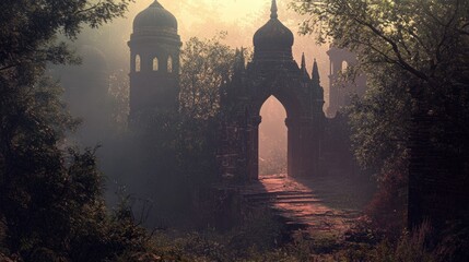 Poster - Stone Archway Leading Through a Foggy Forest