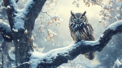 Wall Mural - Snowy Owl Perched on a Branch in a Winter Forest