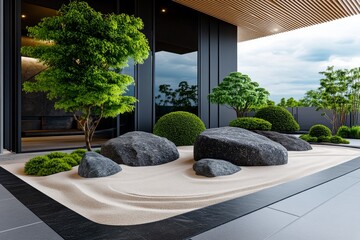 Garden Zen Spaces visualized in a tranquil infographic, showcasing minimalist gardens with sand, stone, and water features for meditation and relaxation