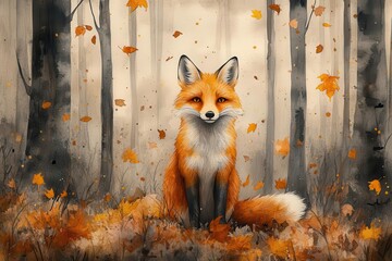 whimsical watercolor fox in autumn forest warm earth tones falling leaves storybook illustration style with soft edges and playful details enchanting woodland scene