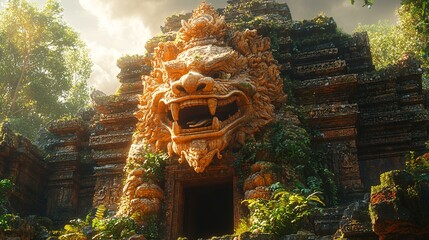 An ancient stone temple partially covered in moss and vines, with a giant dragon statue guarding the entrance, bathed in the warm glow of the setting sun.