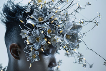 Wall Mural - A man with a flowery headpiece made of silver and gold