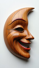 A wooden mask with a crescent moon-shaped face.