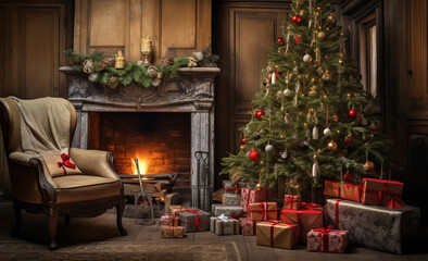 Canvas Print - Christmas holidays in the room with fireplace. Christmas tree and gifts in decorated for winter holidays room.