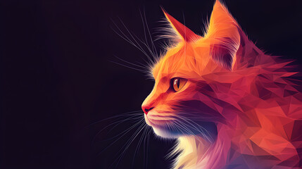 Cat in polygon style on dark background with space for text.