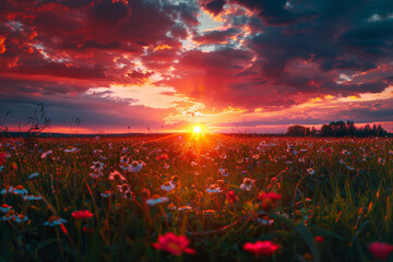 Poster - A field of flowers with a bright sun in the sky