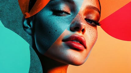 Canvas Print - Close-up Portrait of a Woman's Face with Geometric Color Blocking