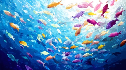 Wall Mural - A vibrant underwater scene with a school of colorful fish swimming in the blue water. The light shines down from above, creating a shimmering effect.