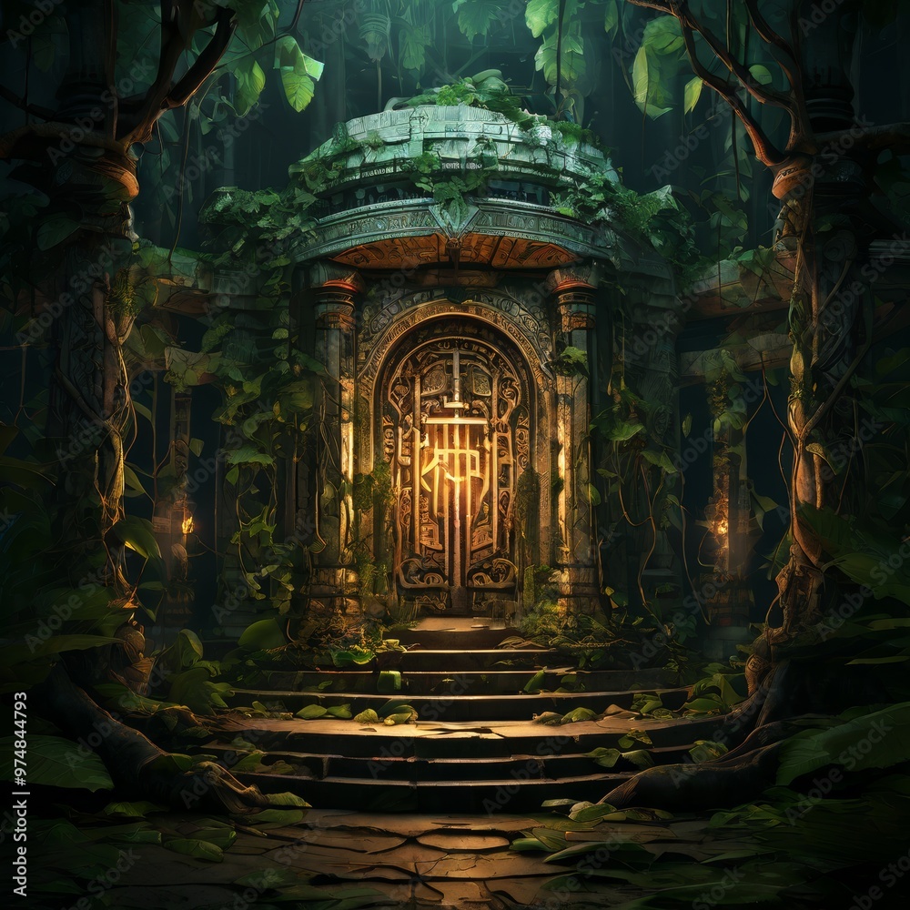 A captivating view of an ancient temple door illuminated with a glowing ...
