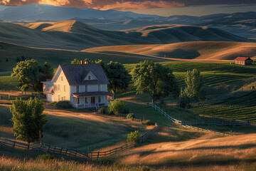 Poster - A small house sits in a field with a fence around it