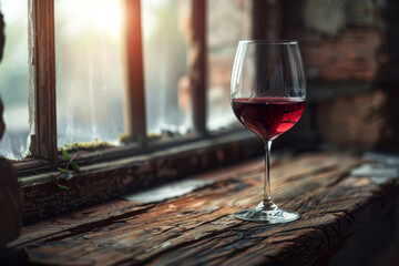 A glass of red wine is sitting on a wooden table by a window