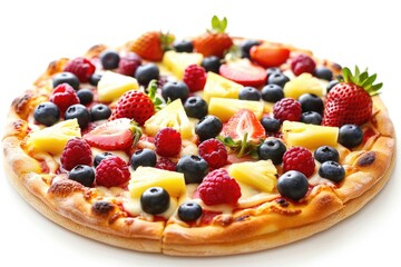 A unique dessert featuring a variety of fruits on top of a pizza crust