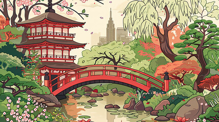 Panorama view of ancient Chinese or japanese landmark on pink background with Forbidden City near the bridge and plum blossom tree around with forest nature -vector