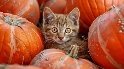 Wall Mural - A cat is laying in a pile of pumpkins