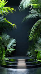 Poster - Black Podium Tropical Leaves.