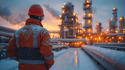 Worker in uniform walking beside the gas pipeline at an oil and gas tank plant, large metal pipes visible on a winter day