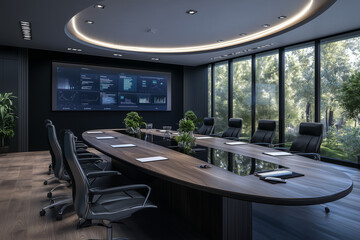 A sleek boardroom sets the stage for an interior architect to present detailed design proposals with the aid of digital renderings on a tablet