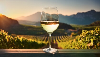 Wall Mural - A clear wine glass filled with white wine, set against a background of a sun-drenched vineya