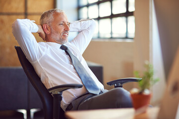 Aufkleber - Mature, business man and office break with project complete and happy from success. Employee, boss and professional in financial consultation company with relax and confidence from job at desk